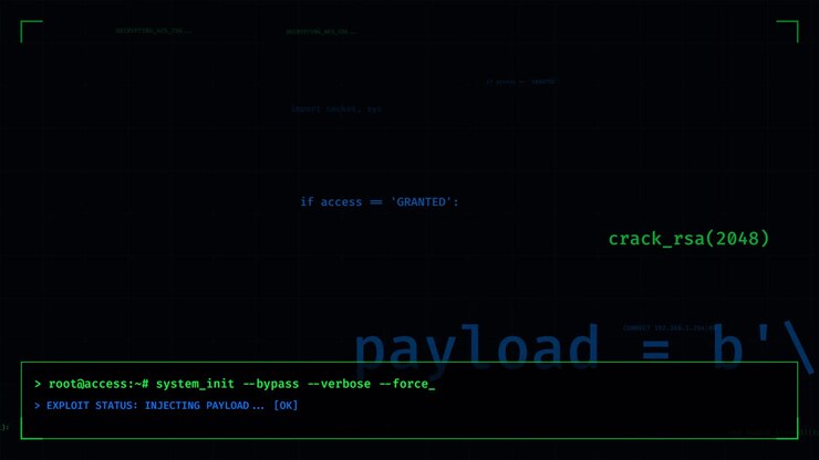 Interfaccia terminale di sicurezza informatica che mostra l'esecuzione di uno script di hacking