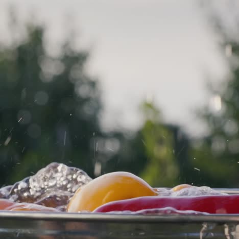 various vegetables are poured into a bucket of water