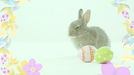 animación de huevos de pascua y conejo de pascua con flores giratorias sobre fondo verde