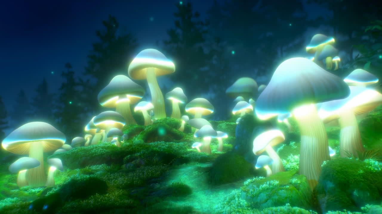 Funghi luminosi in una foresta notturna, morbida luce bioluminescente che inonda il terreno muschioso, funghi imponenti.
