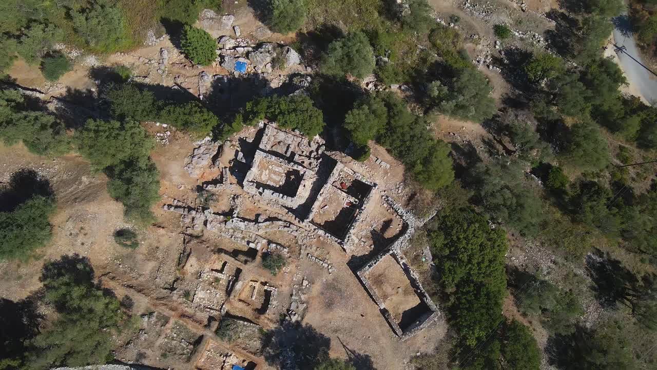 Drone shot of the ancient ruins of Odysseus palace, known from Homer's mythology