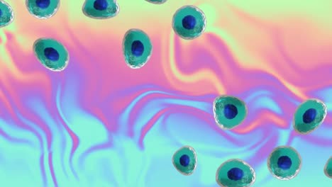 Animation-of-micro-of-blue-and-turquoise-cells-on-vibrant-coloured-background