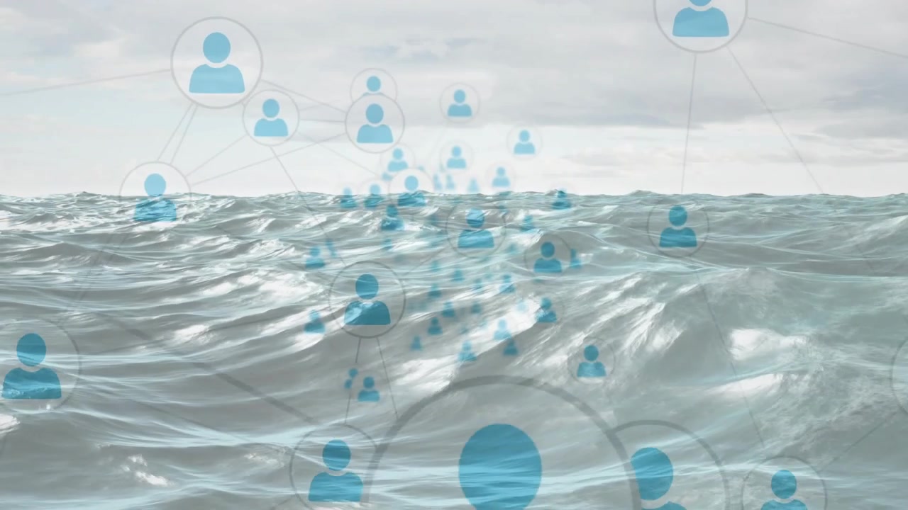 Icone avatar blu che svaniscono e fluttuano in avanti sulle onde dell'oceano sotto le nuvole, rappresentando la comunità.