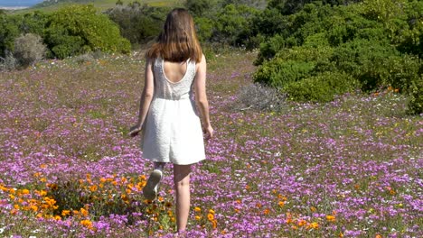 Weitwinkelaufnahme-Eines-Mädchens,-Das-Zwischen-Blumen-Spazieren-Geht