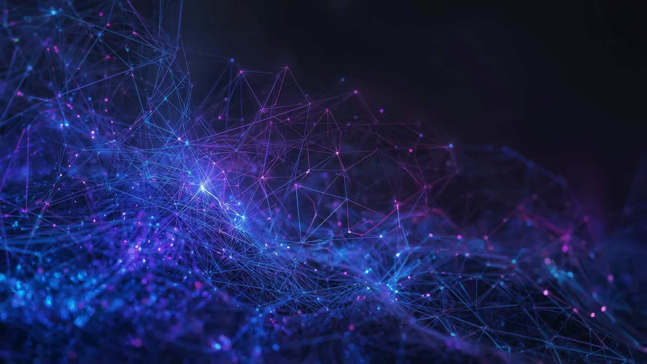 Beginning sequence revealing mesh pulsing nodes and lines against dark backdrop showing data flow