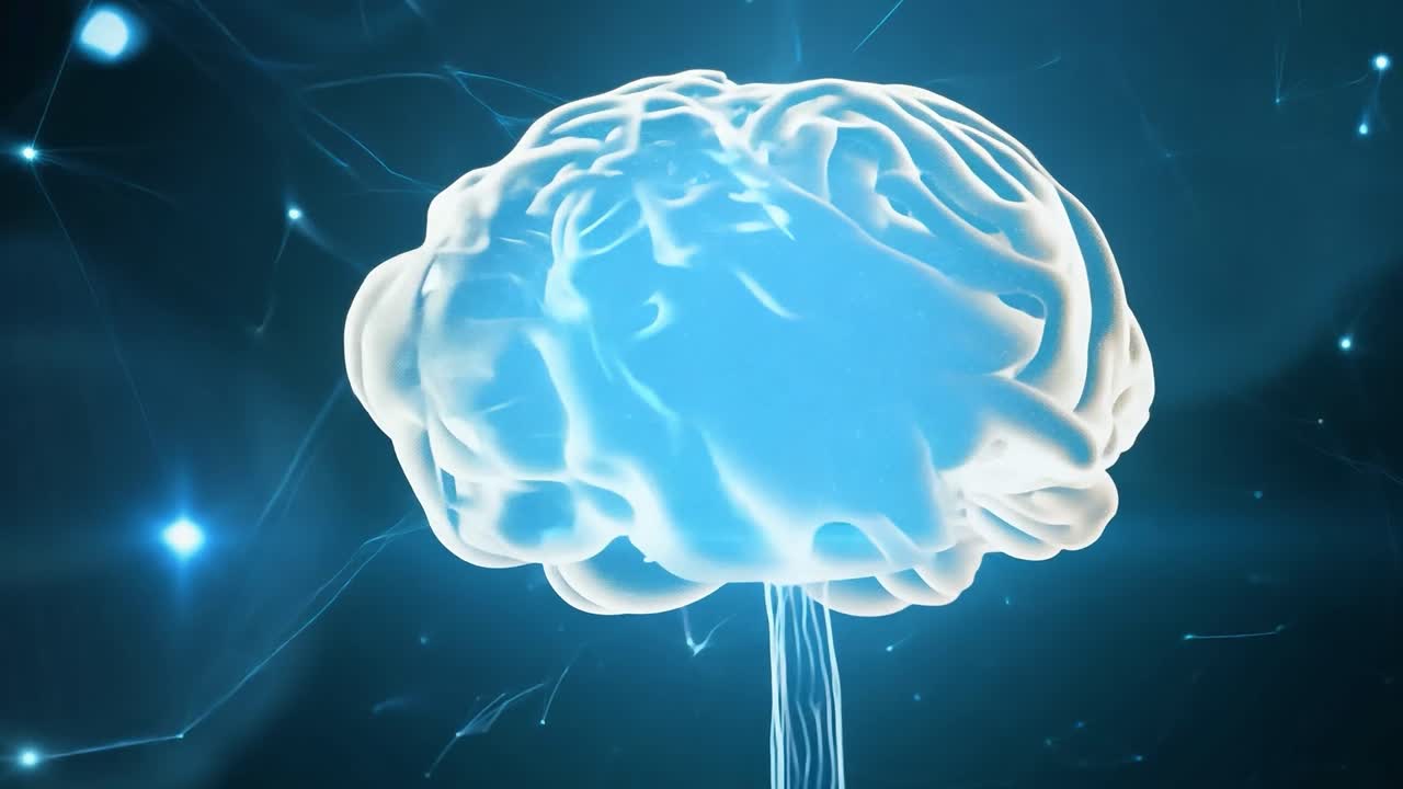 빛나는 파란색 인간의 뇌는 검은색 배경에서 나타나며 지능, 창의력, 그리고 마음의 복잡성을 상징합니다.