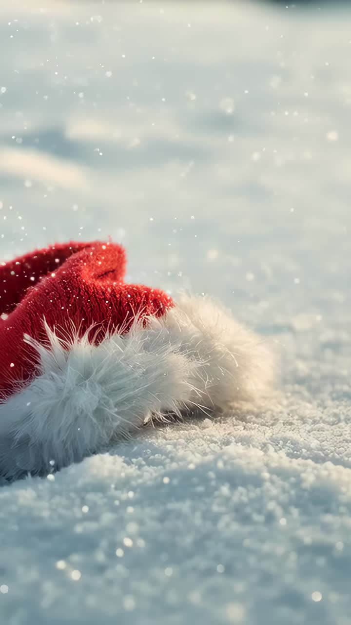 Vertical video: Resting red Santa hat pressing into snow while light snowfall starting, copy space