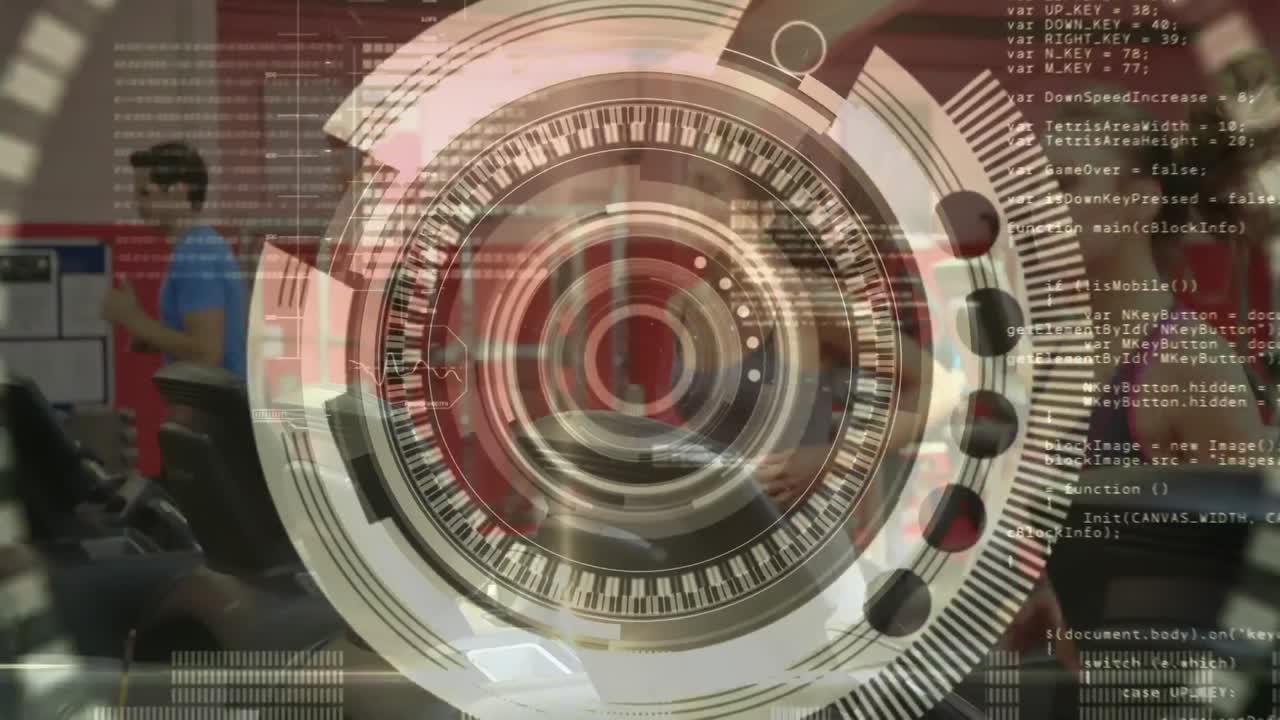 animación de escaneo de alcance y procesamiento de datos sobre personas que usan cintas de correr en el gimnasio