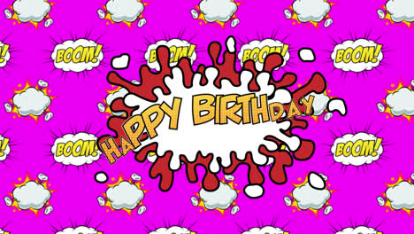 happy birthday and boom text on speech bubble against pink background