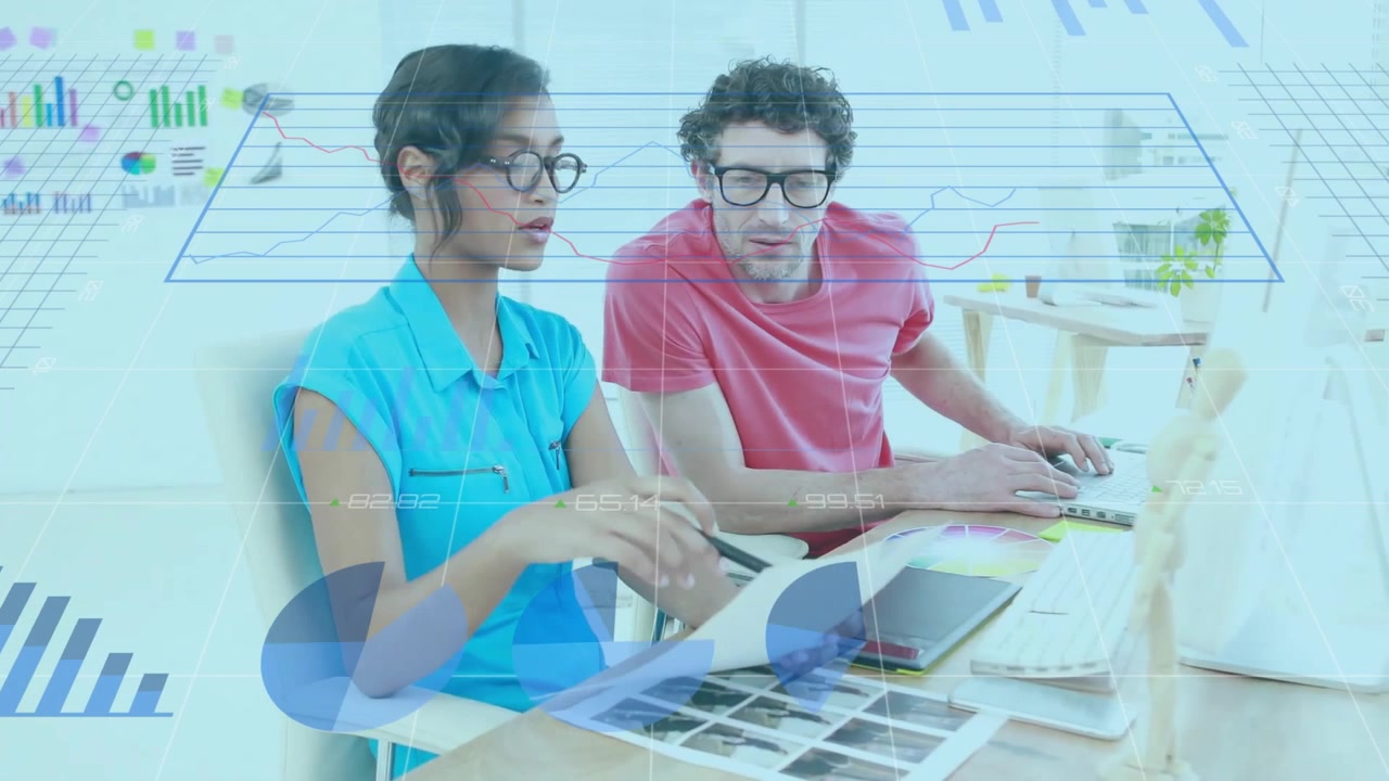 Coworkers reviewing pie charts and thumbnails, clicking mouse opening matching business dashboard
