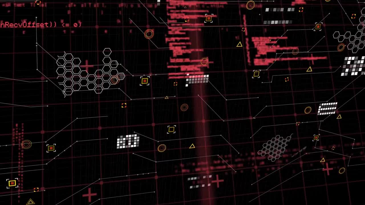 Animation of markers and data processing over black background