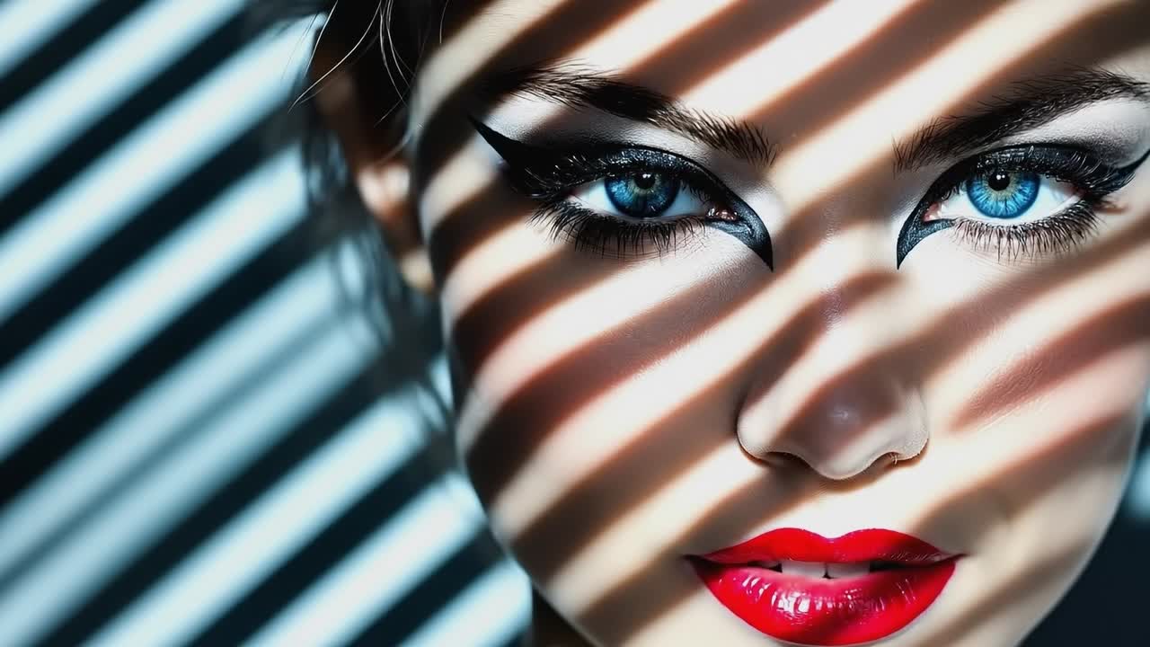 A close up of a woman's face with red lipstick