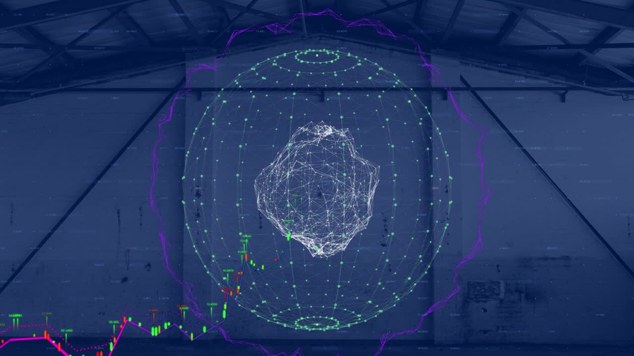 animación de un globo giratorio con una red de conexiones sobre un almacén vacío