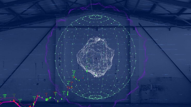 Animation of spinning globe with network of connections over empty warehouse