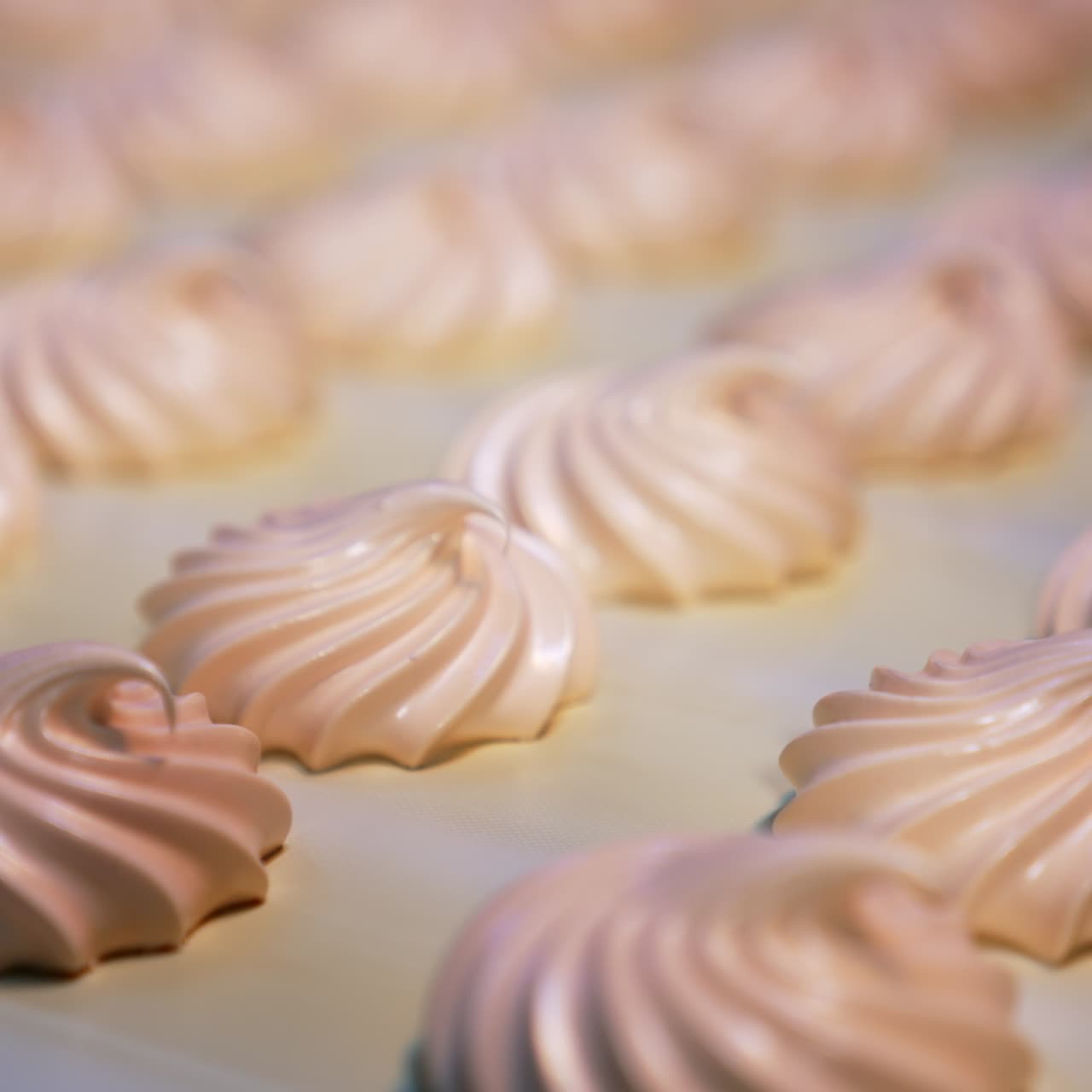 Conveyor belt with freshly-made sweet marshmallows. Close look at the creamy desserts. Blurred background