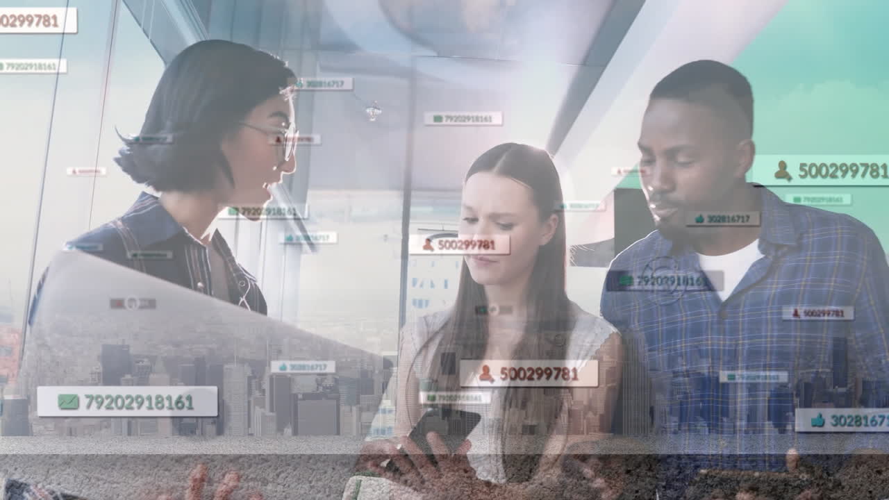 Colleagues reviewing business blueprint in modern office, with smartphone, floating numeric codes