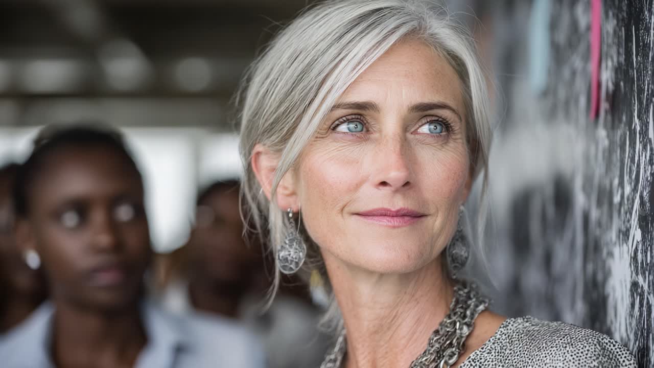 A Reflective Moment: Capturing the Intriguing Gaze of a Thoughtful Woman with Gray Hair in an Engaging Group Setting