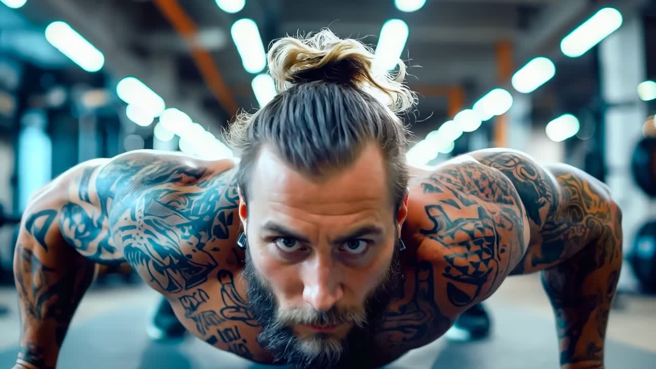 A man with tattoos on his arms and chest doing push ups in a gym