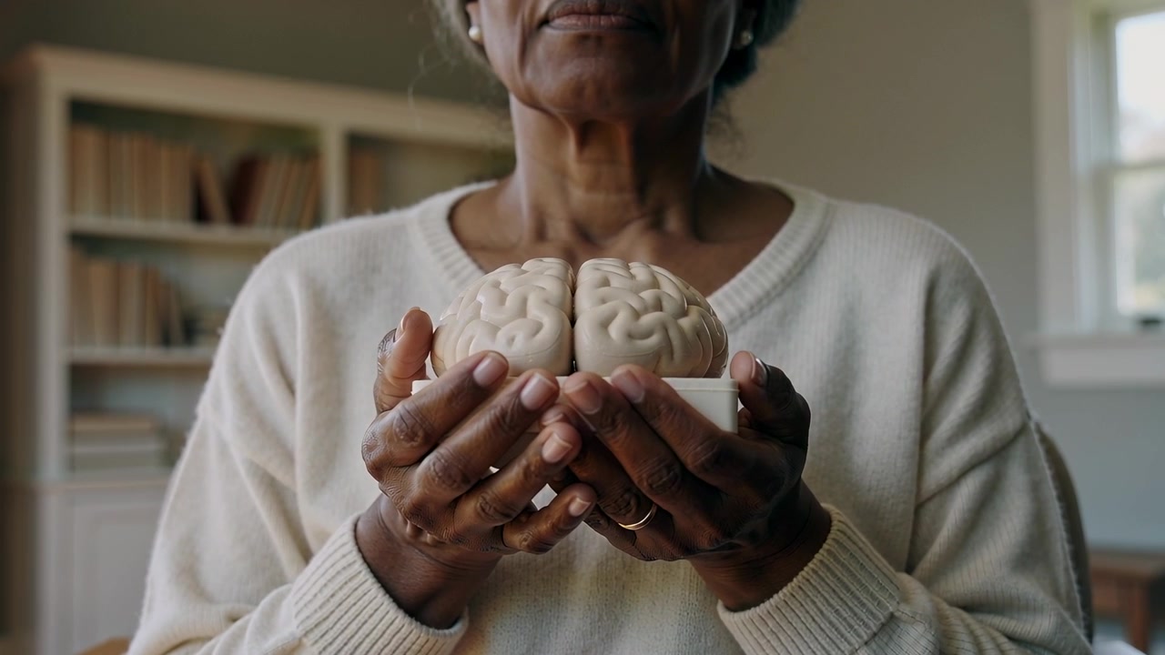 Starting Senior woman presenting brain model in home study, wearing cream sweater for brain health