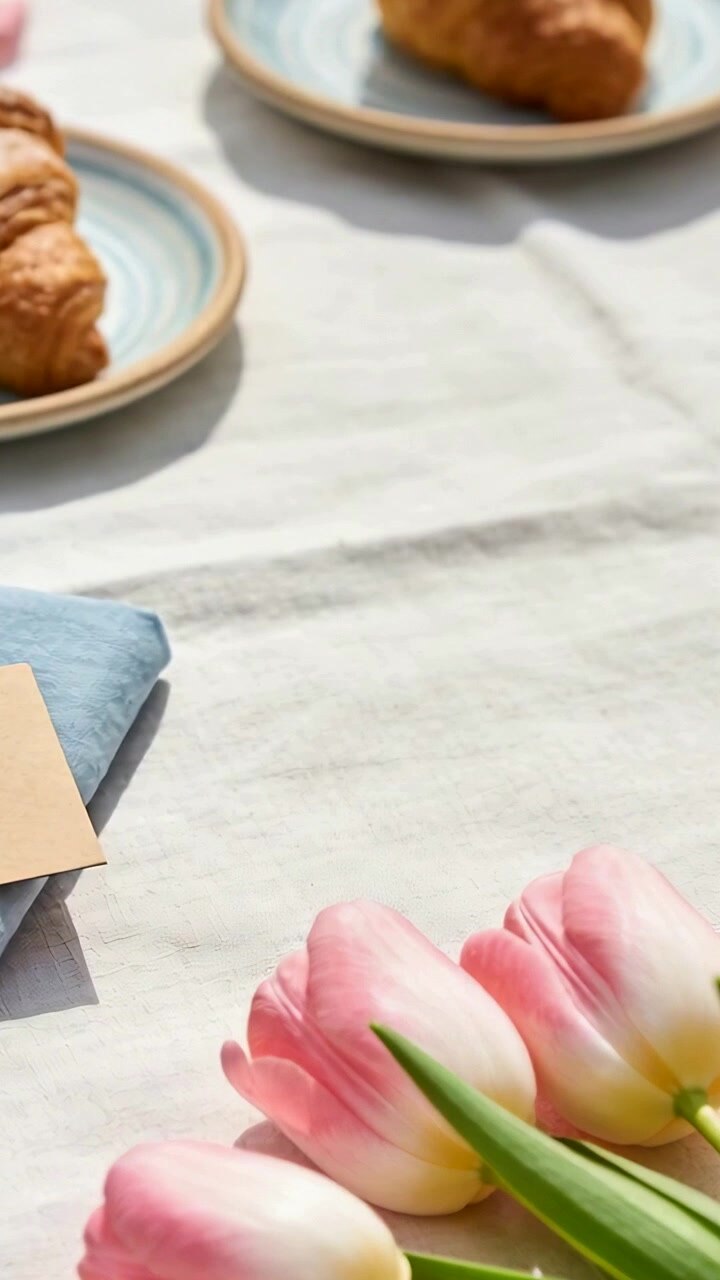 Vertical video: Shifting camera over linen table at home, highlighting tulips, croissants