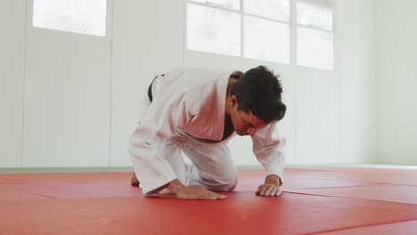 kneeling judoka saluting on the judo mat