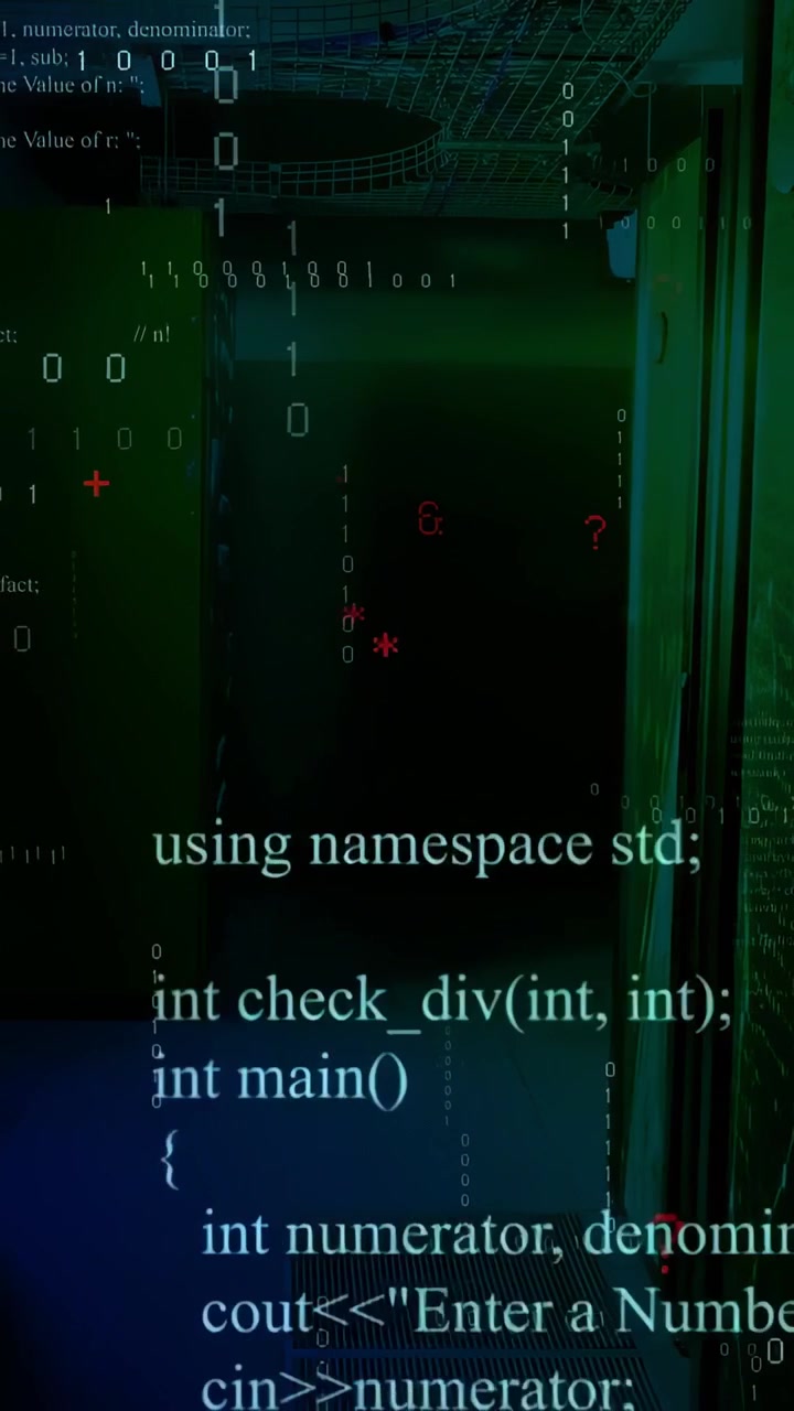 Vertical video: Dark corridor, red digits sparking binary flooding grate and wall, creating tech AR