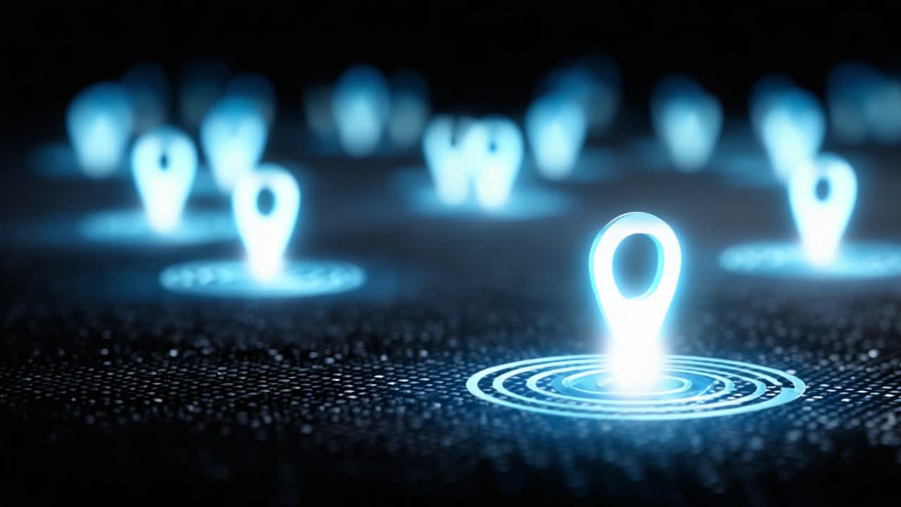 A Stunning Visualization of Digital Location Markers on a Dark Background Representing the Concept of Spatial Mapping and Geolocation Technology