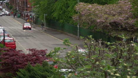 Long-shot-down-street-of-a-cloudy-winter-day-in-Glasgow-West-End-with-vegetation-and-cars