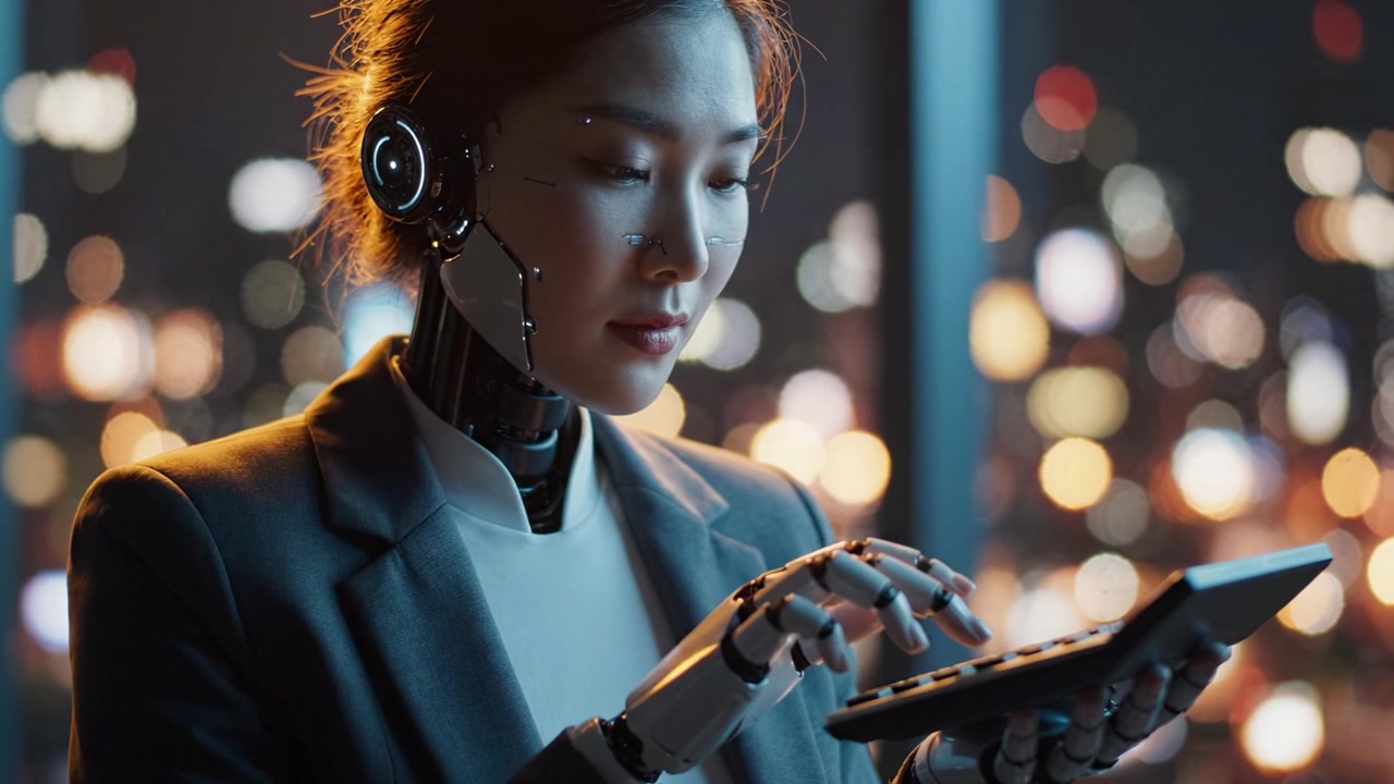 A futuristic robotic figure with advanced mechanical hands engages with a touchscreen device, set against a shimmering city skyline illuminated by night lights.
