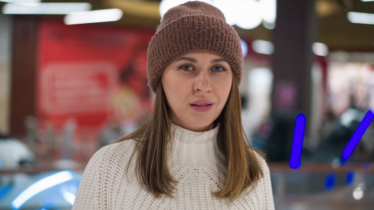 Vista ravvicinata di una giovane donna caucasica con un cappello di lana e un maglione in un centro commerciale, che guarda intensamente la fotocamera e sorride