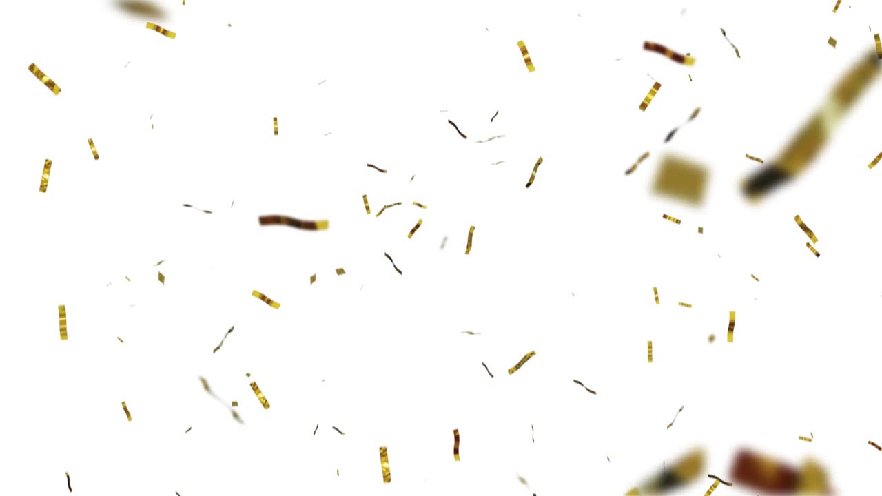 movimiento lento. bucle sin costuras. explosiones de confeti dorado en un fondo blanco con pantalla verde. cintas de colores volando. concepto: fiesta, cumpleaños, sorpresa, invitación tarjeta electrónica. confeti cayendo 4k