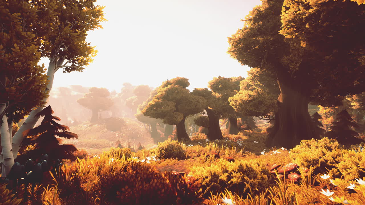 황금색  ⁇ 빛으로 백라이트 된 만화 숲 나무