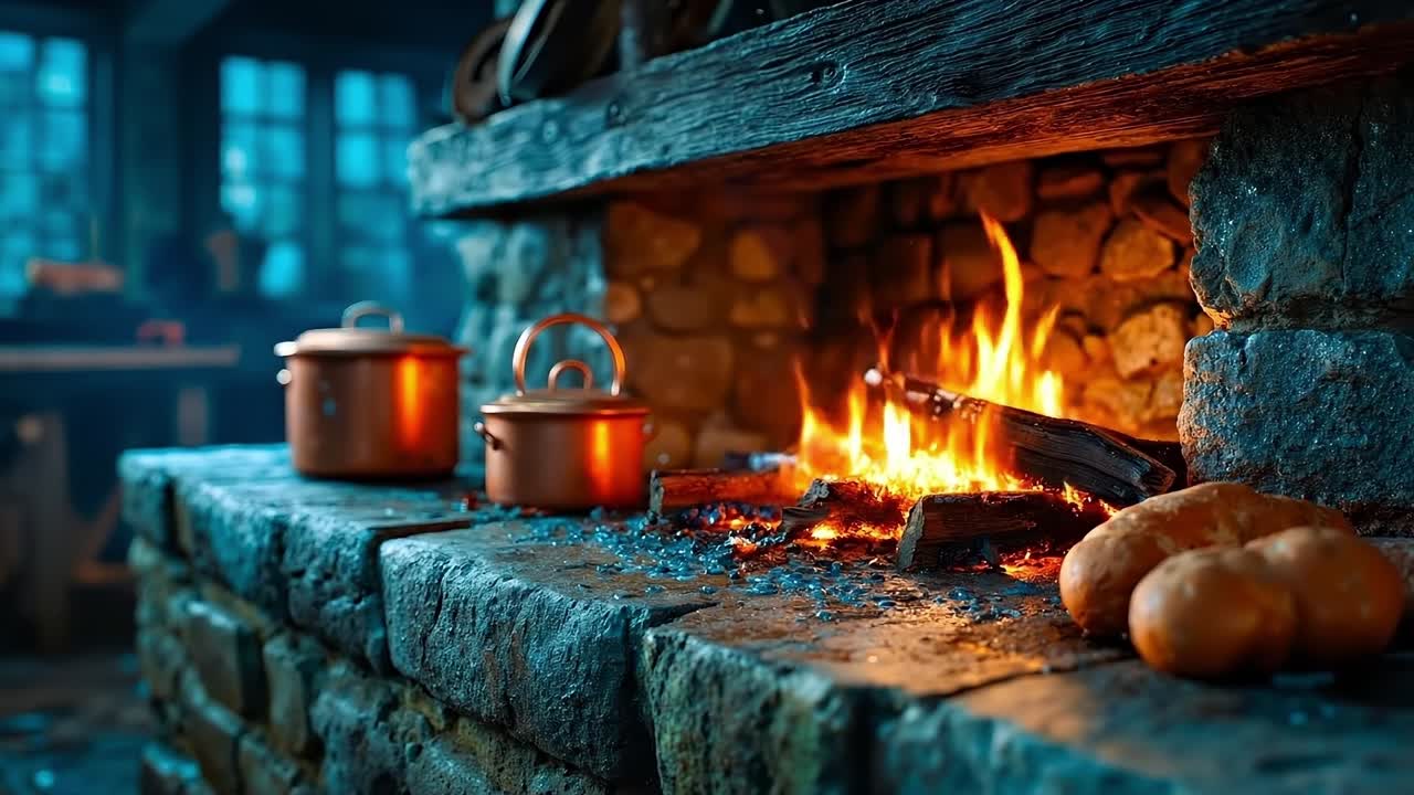 A fireplace with pots and pans sitting on top of it