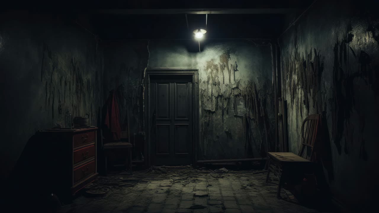 A dimly lit, eerie room with peeling walls, captured from a low angle