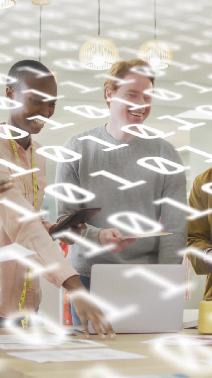 Animation of binary code over diverse coworkers talking in office