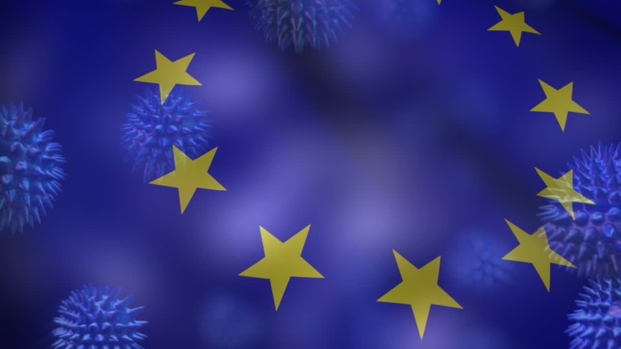 Animazione di macro cellule di coronavirus Covid-19 che si diffondono su una bandiera dell'Unione Europea che sventola