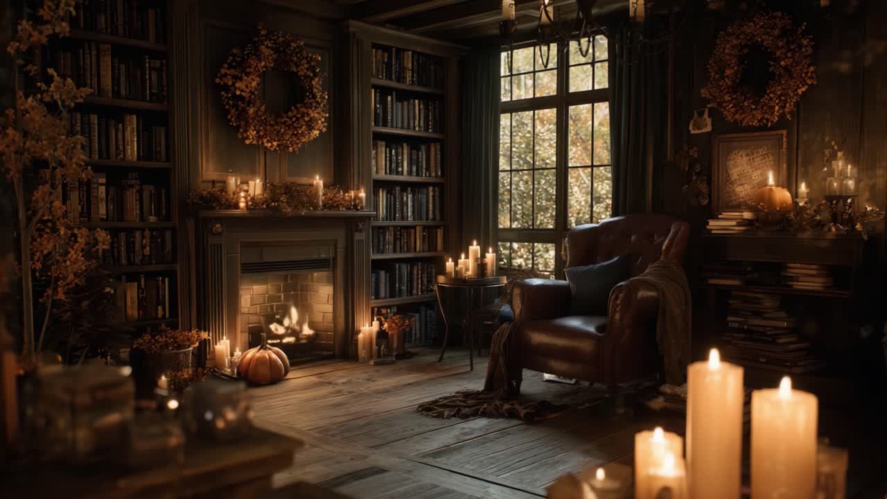A Cozy and Inviting Autumn Living Room Scene Filled with Candles, Books, and Seasonal Decor, Perfect for Relaxation and Warmth on a Chilly Evening