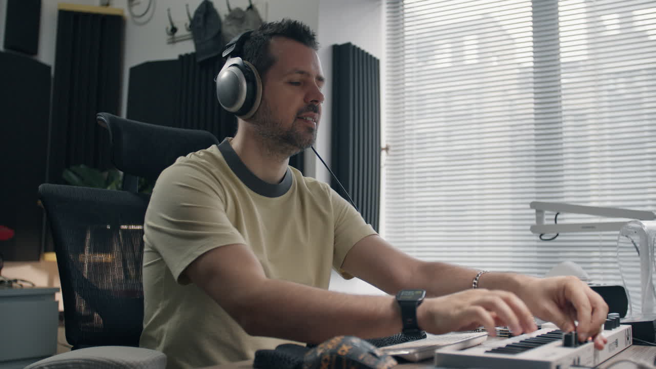 Young man working on music production at home, wearing headphones and playing keyboard