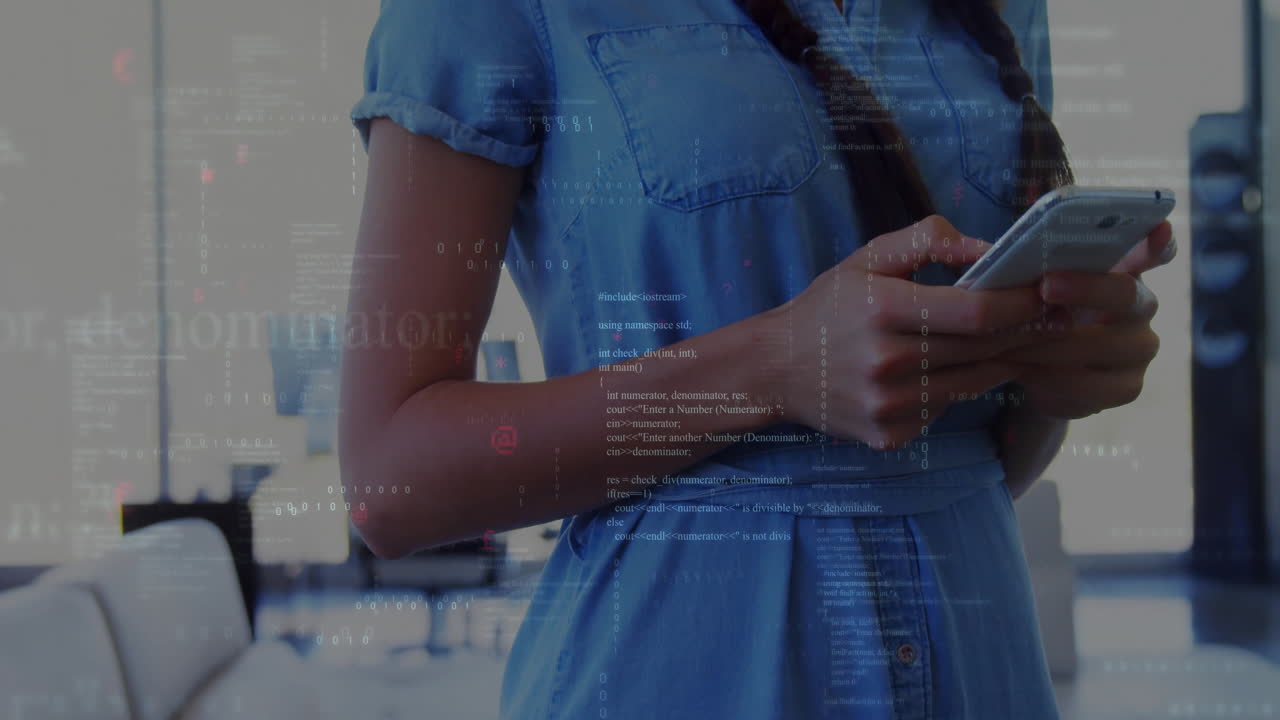 woman holding smartphone in modern office, viewing floating binary and C++ code overlays