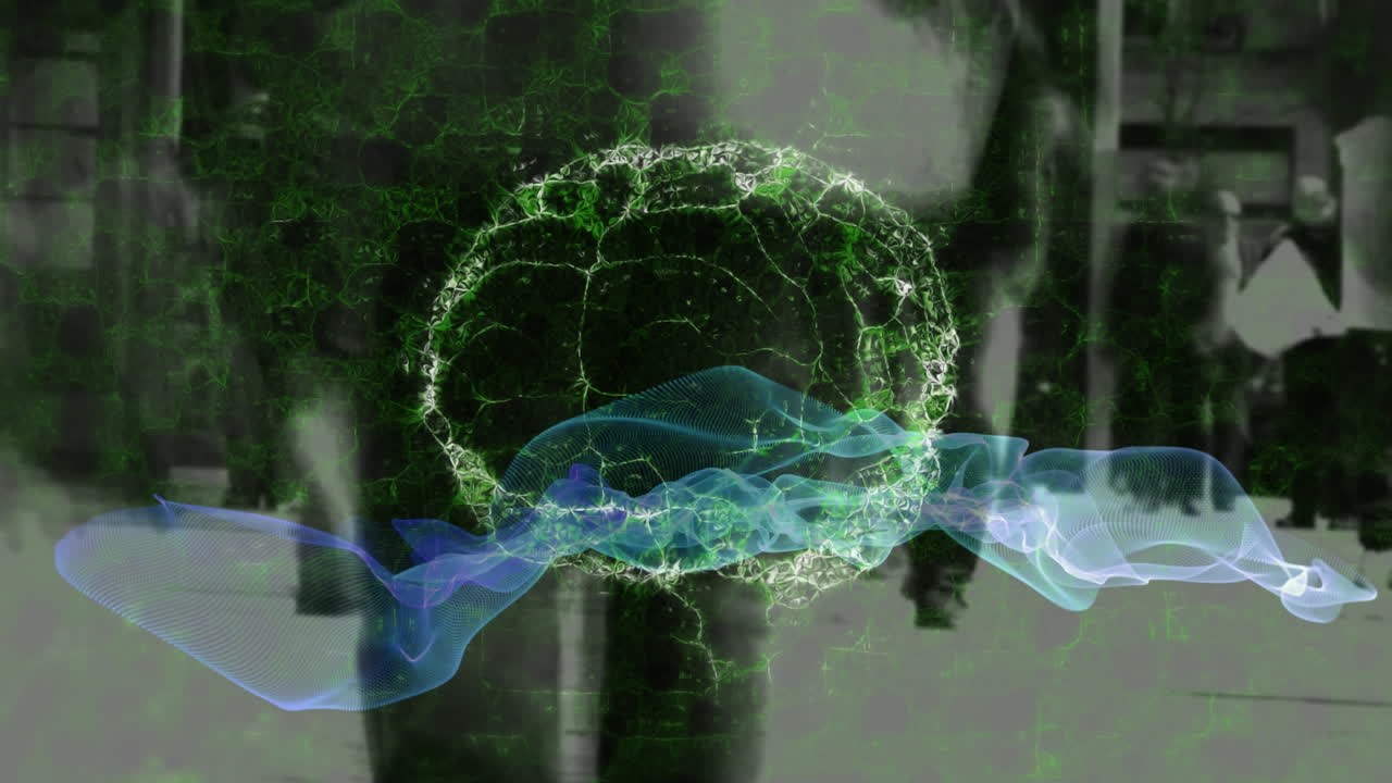 animación del cerebro humano girando sobre personas que caminan en movimiento rápido