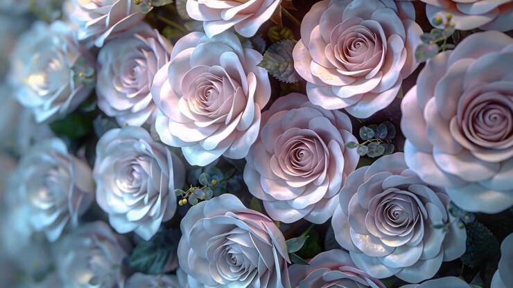 Telecamera che si sposta rivelando un gruppo statico di rose rosa pallido su un pannello floreale verticale, mettendo in evidenza i boccioli