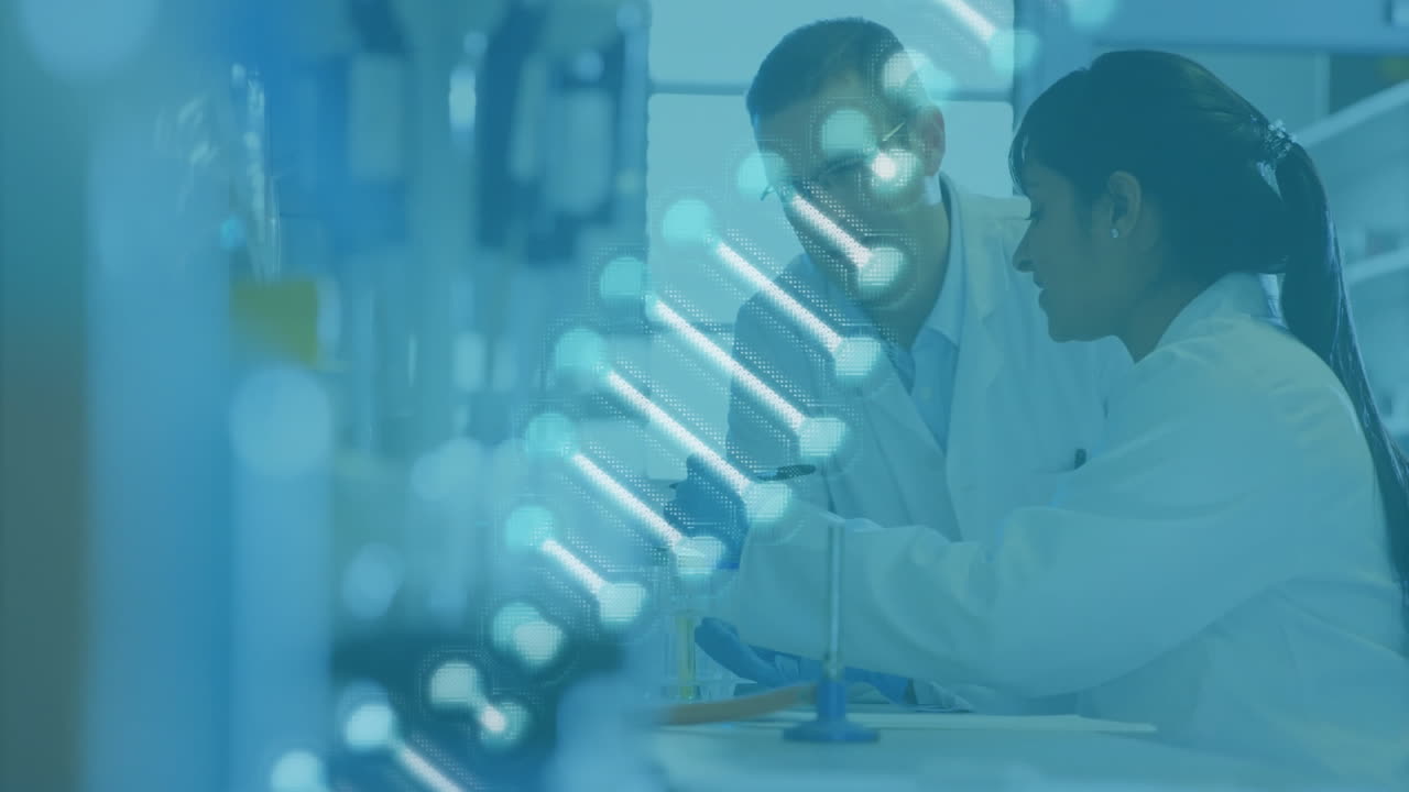 Animation of dna strand over diverse female scientists working in lab