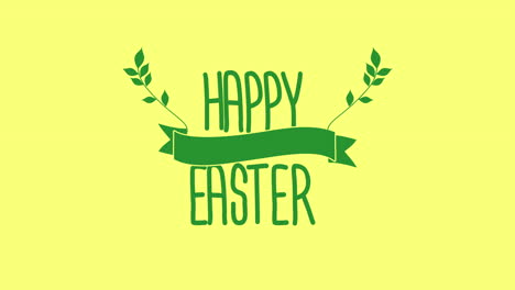 Happy-Easter-with-spring-flowers-and-ribbon-on-yellow-gradient