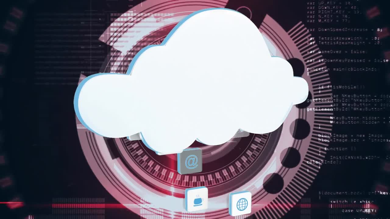 Cloud and different icons with digital circles and program codes in the background