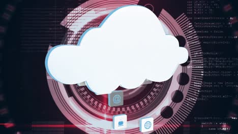 nube y diferentes iconos con círculos digitales y códigos de programa en el fondo