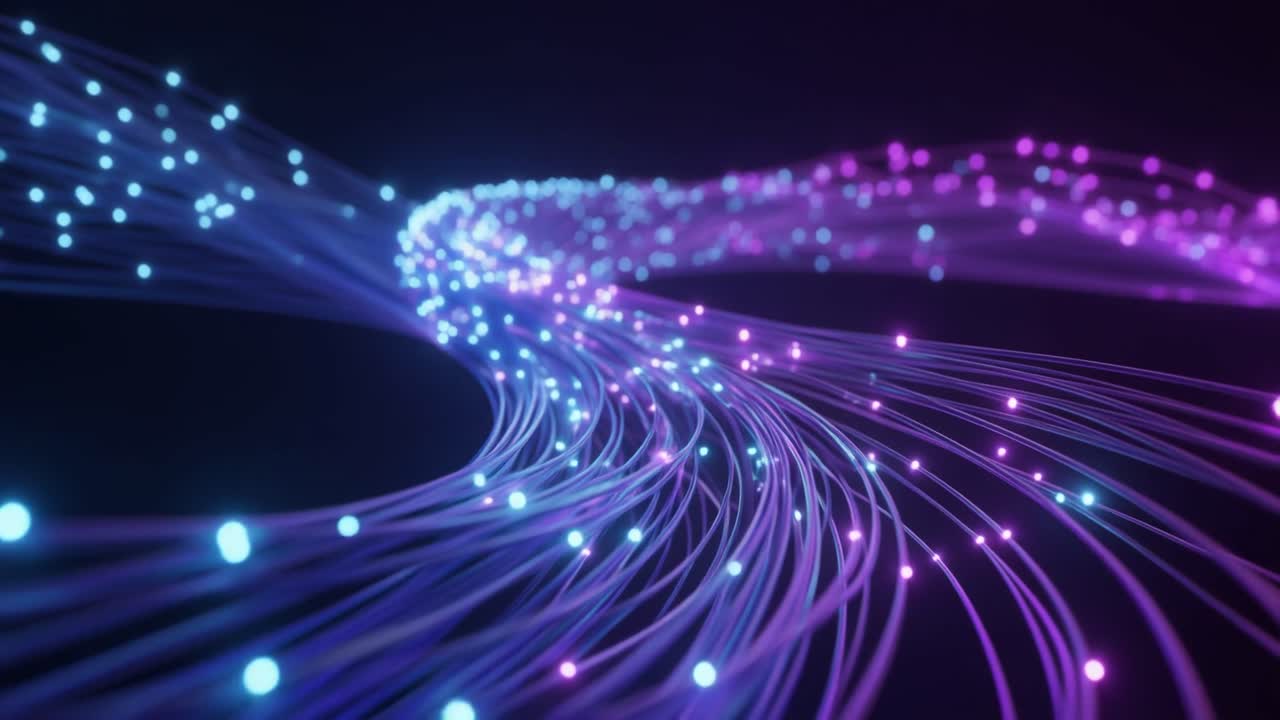 Datos digitales abstractos fluyendo a través de cables de fibra óptica luminosos