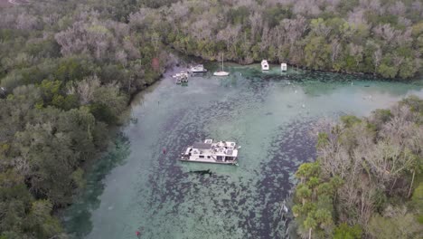 Aerial-View-of-Silver-Glen-Springs-Water-Recreation-Area,-Florida-with-manatees-swimming-in-distance