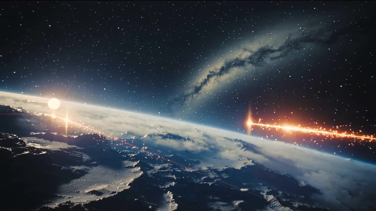 Flare rising above horizon, bright streak skimming planet limb, passing sun glow and starfield