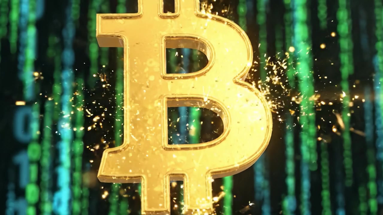 Una straordinaria rappresentazione visiva della criptovaluta: il simbolo dorato del Bitcoin posto su una matrice dinamica di codice binario, a significare la rivoluzione finanziaria digitale.