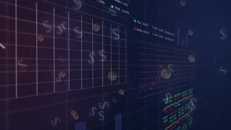 animation of data processing over grid and dollar coins